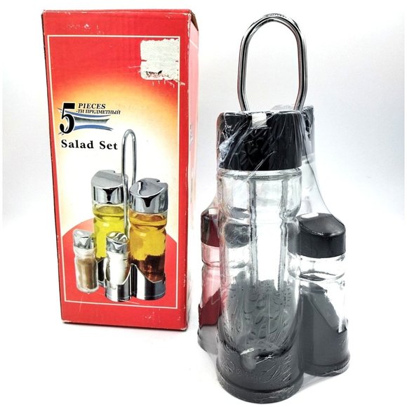 Salad Set 5 Piece Oil Vinegar Salt Pepper Caddy Oldtyme Still Sealed Inside Box - Picture 1 of 11